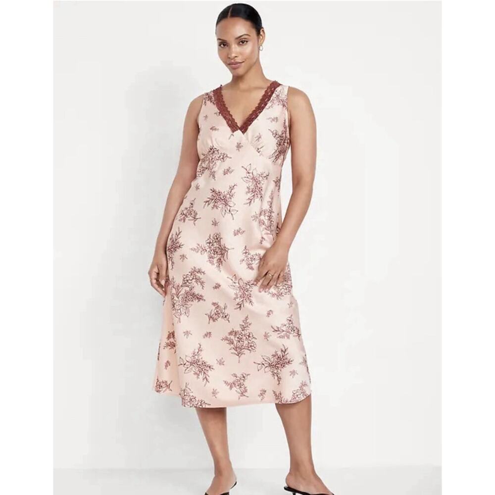 Old Navy Pink Brown Satin Lace Trim Floral Midi Slip Dress Sz M